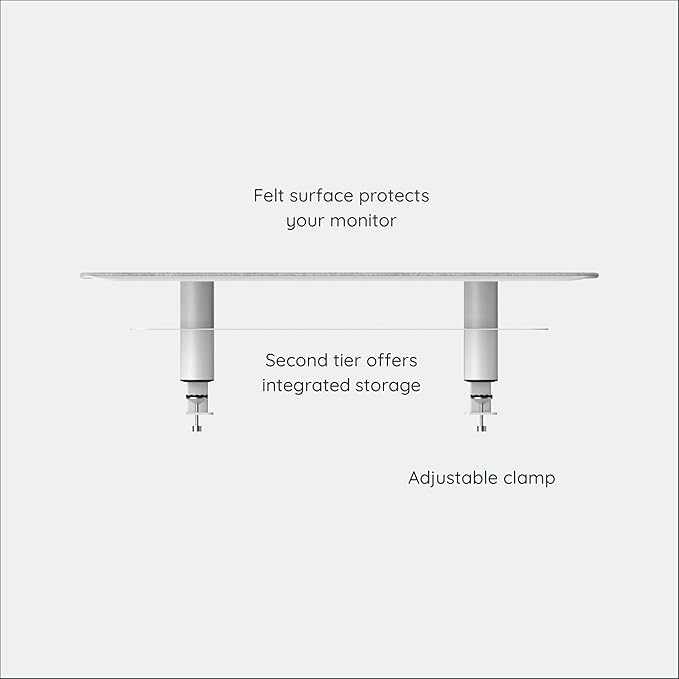 Branch Monitor Stand - Elegant, Durable Powder-Coated Steel Stand with Soft Felt Liner - Small Monitor Riser Second Tier Storage - Installs with a Universal Clamp for Ergonomic Workspace - White