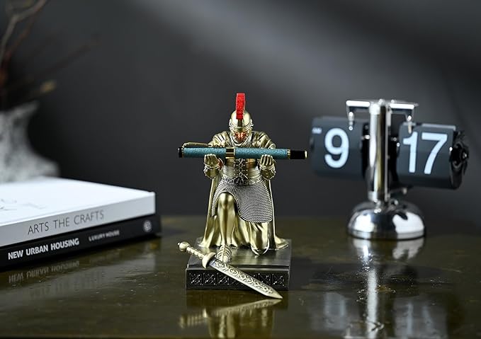 Roman Praetorian Prefect Warrior Knight Pen Holder Desk Ornament Resin Praetorian Guard Mobile Phone Stand Desk Accessories and Organizer for Office with a Letter Opener (Bronze)