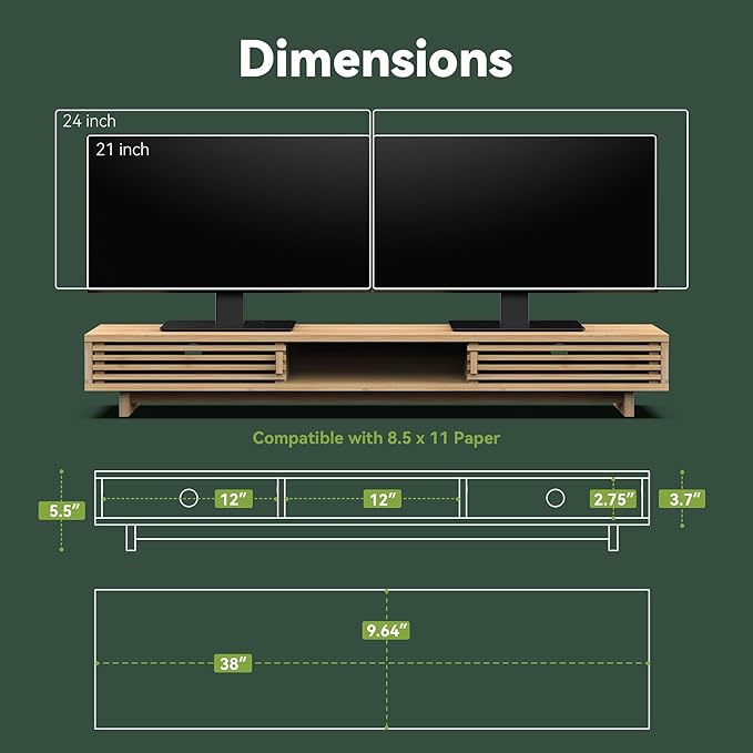 Dual Monitor Stand Riser with Sliding Door, Double Computer Laptop Stand Desk Shelf Organizer with Storage (Natural Bamboo, 38 Inch)