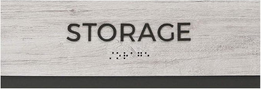 Storage Sign with Braille/Easy Adhesive Mount Door and Wall Sign for Small Businesses and Restaurants/ 3 x 9 inches/Silver Woodgrain