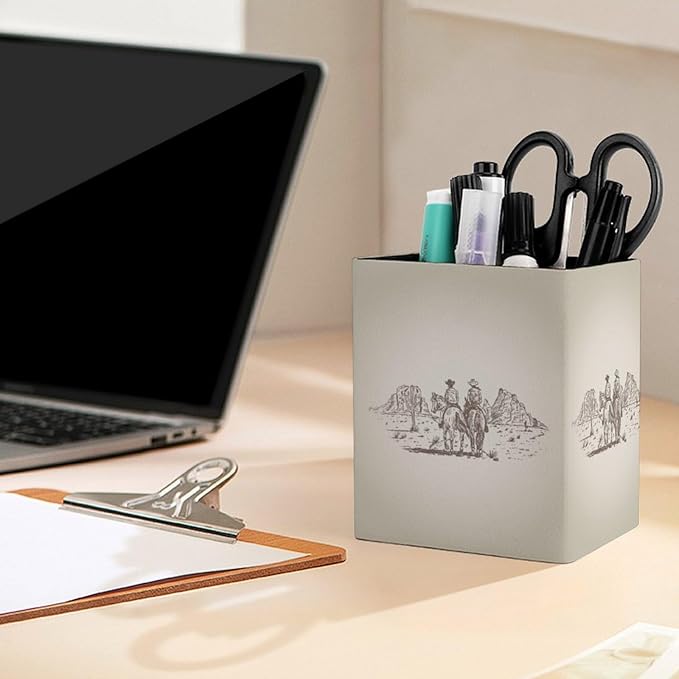 Square Pen Holder & Pencil Organizer for Desk - Office Storage Organizer , Markers/Makeup Brushes/Scissors Holder, Compact Desk Decor Accessories for Home Classroom School(Western Desert Cowboy)