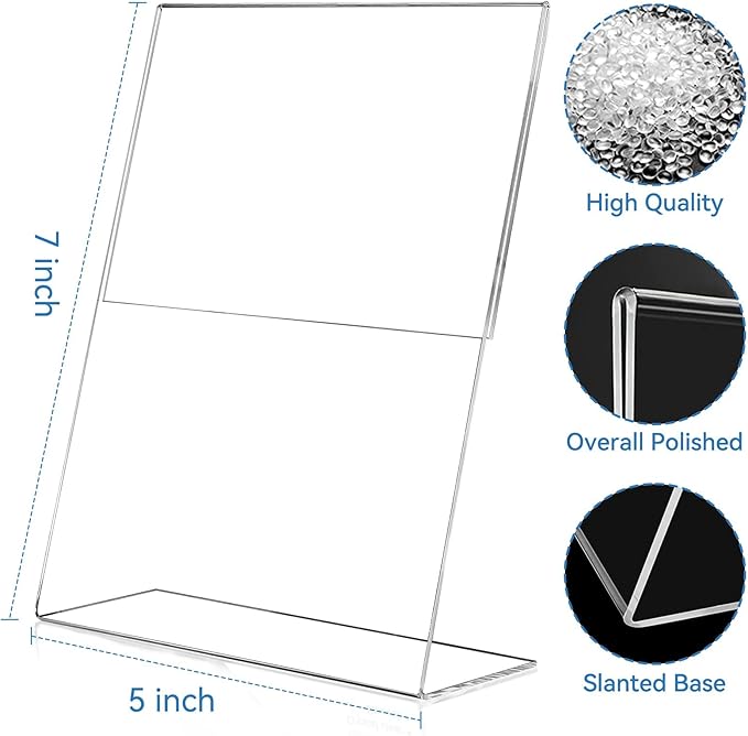 EHWINE 24 Pack 5 x 7 Acrylic Sign Holder, Clear Plastic Signs Display Stand, Vertical Slanted Back Paper Holder Stand up Table Top Sign Holders Flyer Stand Frames Suitable for Office Business Store