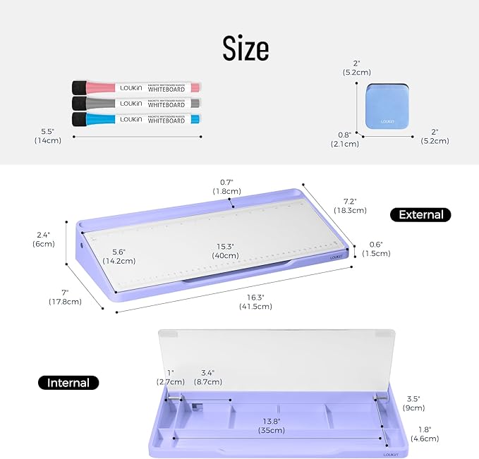 LOUKIN Glass Desktop Whiteboard, 15.3" x 5.6" Dry Erase Desk Board with Dotted and Graduated Surface, Desktop Buddy, Great for Design and Drawing, 3 Markers and 1 Dry Erase Eraser Included (Purple)