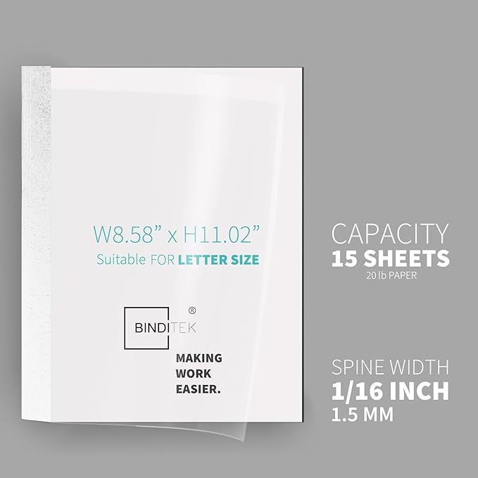 Binditek 10 Pack Thermal Binding Presentation Covers, 1/16 Inch Spine, Holds 15 Sheets, Ultra Clear Front Cover, White Paper Back Cover, Letter Size, for Students and Coworkers