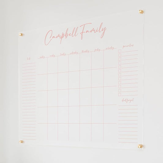Personalized Clear Acrylic Calendar for Wall, Calendar Whiteboard for Wall, Dry Erase Wall Calendar, Wall Calendar Organizer System for Home (Cursive, Blush, 47.5"W x 36"H)