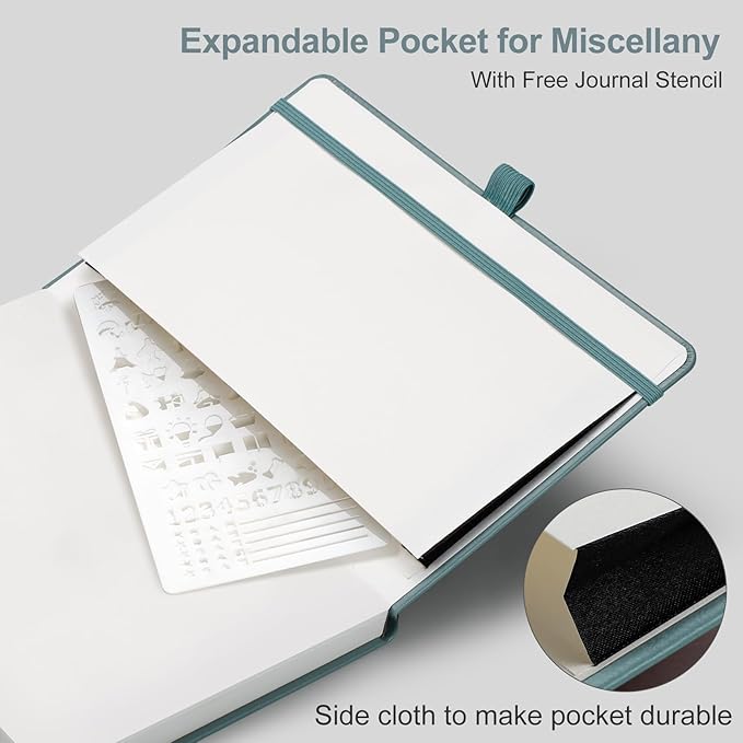 AHGXG Bullet Dotted Journal - 150 GSM Dot Grid Notebook Journal, Thick Acid-Free Paper, A5 Dotted Notebook 128 Pages, Leather Hardcover, Inner Pocket, Journal Stencil, 5.7'' × 8.3'' - Gray Blue