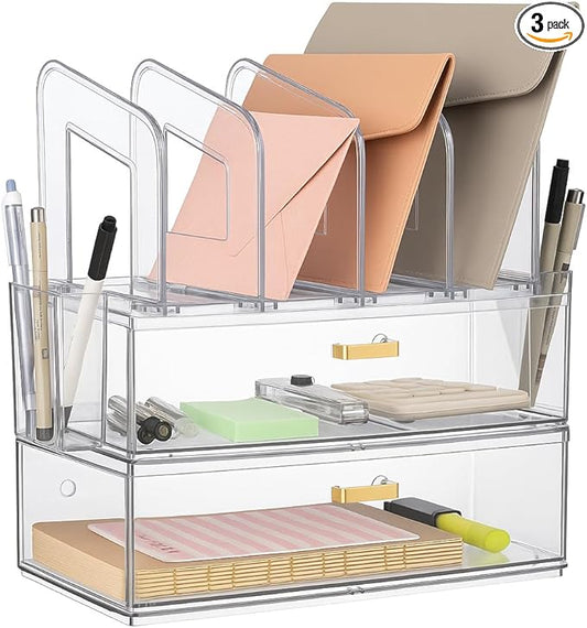 Acrylic Desk Organizer Set, 2 Pack Stackable Drawer Organizer with 4 Vertical File Sorter and 2 Pen Holders, Desktop Storage for Files, Letter, Documents, Office Supplies, Desk Accessories