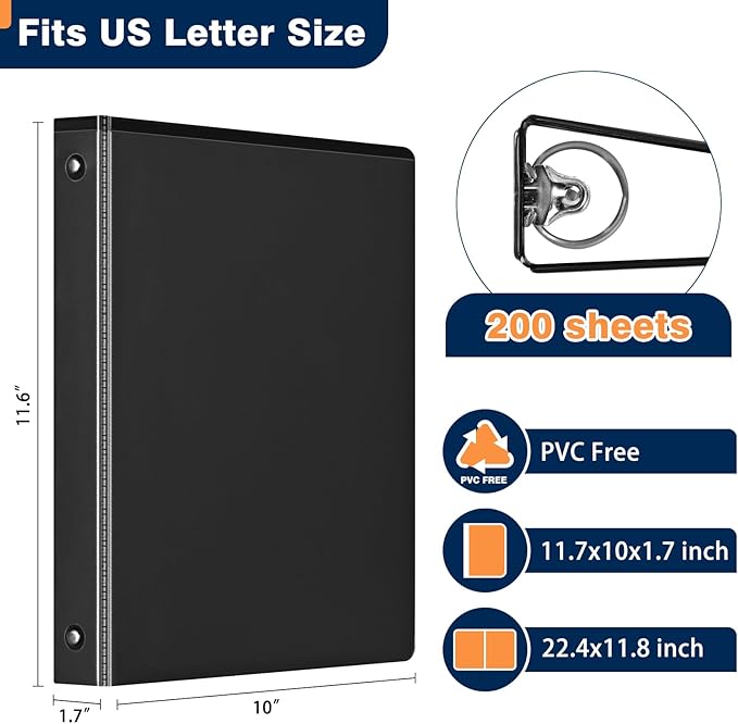 1-inch 3 Ring Binder with 2 Interior Pockets, 1'' Basic Binders Holds US Letter Size 8.5'' x 11'' Paper - Versatile Binders for Office, Home, and School Use, 6 Pack (Black)