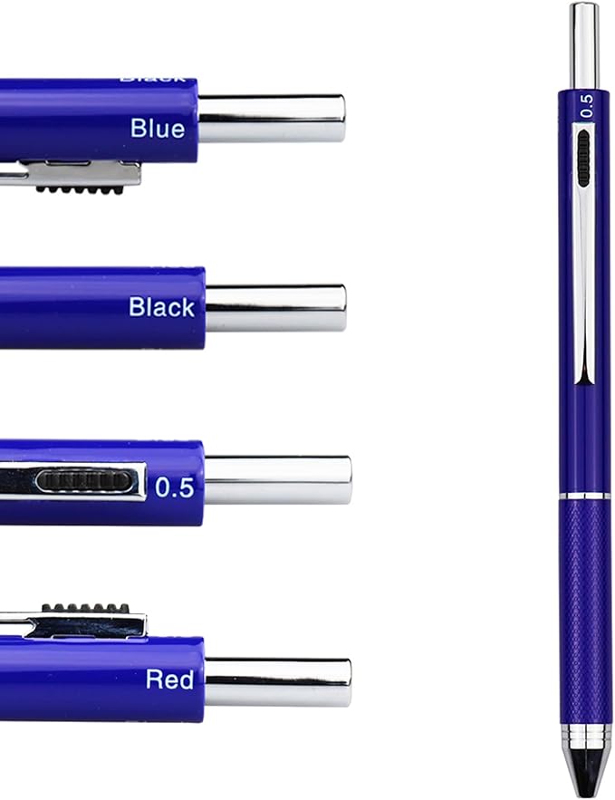 DunBong 4-in-1 Multicolor Writing Instrument, Metal Cased Multifunction Pen, 0.5mm Mechanical Pencil, Red, Blue and Black Ball Pens, 1-Count (Blue)