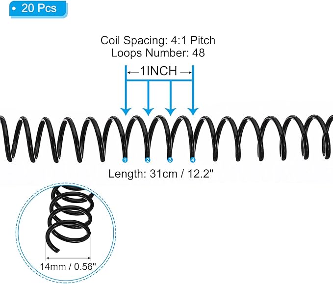 PATIKIL 14mm(9/16") Plastic Spiral Binding Coils, 20 Pcs Binding Spirals 115 Sheet Capacity 4:1 Pitch Binding Spirals for Binding Paper Sheets, Black