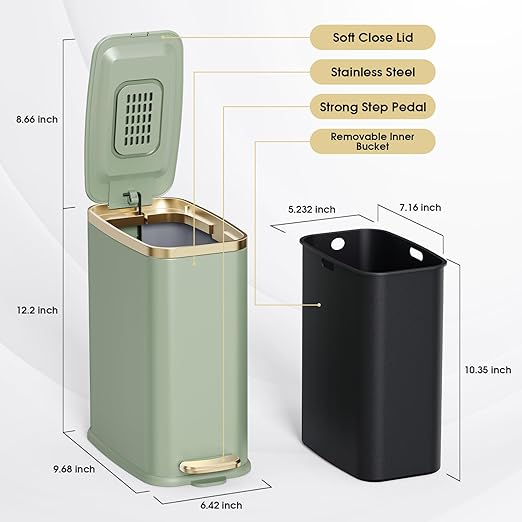 CEROELDA Small Bathroom Trash Can with Lid Soft Close-5L/1.3 Gal Slim Garbage Can-Metal Step Wastebasket-Rectangle Narrow Waste Bin for Office, Bedroom, Toilet, Live Room-Green