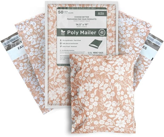 Poly Mailers 14.5x19 Inch 50 Pack Extra-Large Shipping Bags Strong Thick Mailing Envelopes | Self Sealing Adhesive | Waterproof & Tear Proof | Small Business Packaging for Clothing - Floral Dusty Pink