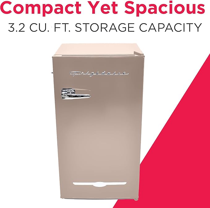 Frigidaire Retro Compact Fridge with Chiller, 3.2 cu ft Countertop Fridge with Built-In Bottle Opener, Compact Refrigerator for Office, Bedroom, Dorm Room or Cabin - 16.5" D x 19" W x 31" H (Coral)