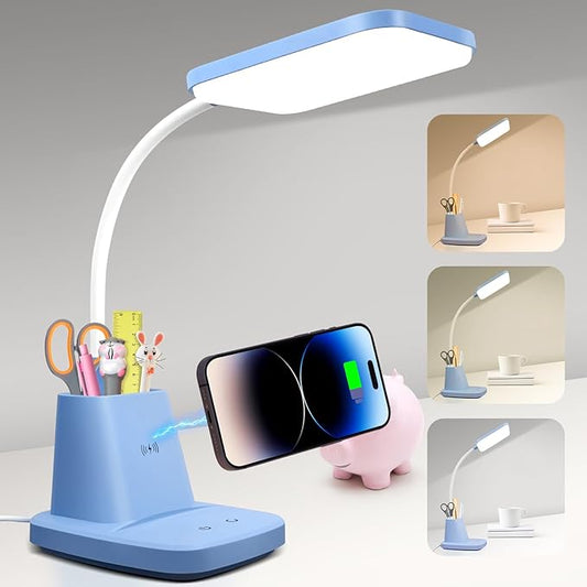 Sailstar Small Desk Lamp, Blue Desk Lamp with Pen Holder, Wireless Charger LED Desk Lamps for Home Office, 800LM Flexible Arm 3 Modes Dimmable Touch Cute Desk Lamps, Study Lamps for College Dorm Room