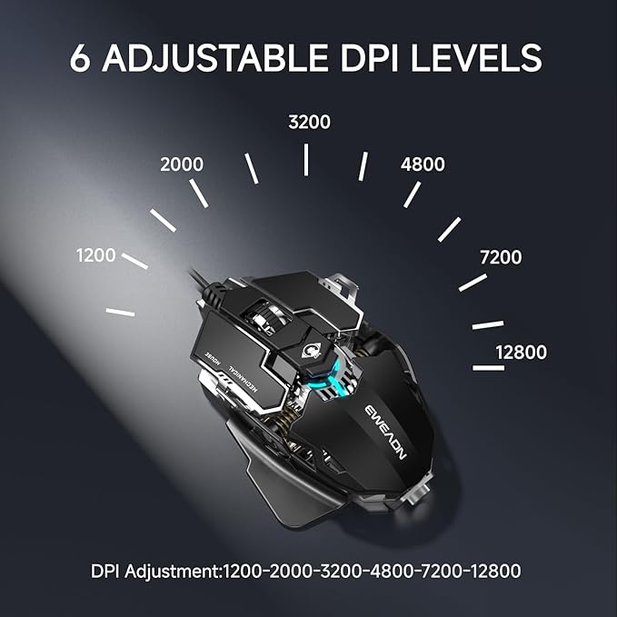 EWEADN G5 Wired Gaming Mouse, Ergonomic RGB Computer Mouse, 12800 Adjustable DPI, 9 Programmable Macro Buttons with Rapid Fire Key Compatible for PC/Laptop/Windows-Black&White