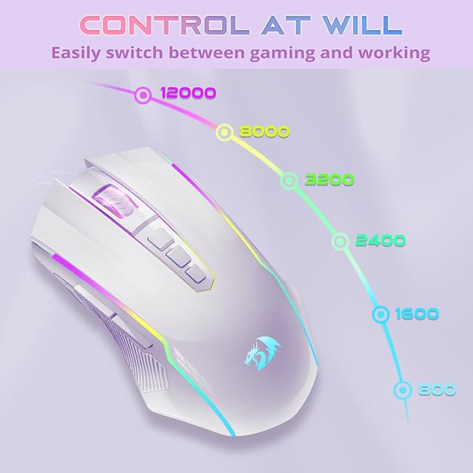 Redragon Wireless Gaming Mouse, Tri-Mode 2.4G/USB-C/Bluetooth Mouse Gaming, 12000 DPI, RGB Backlit, Fully Programmable, Rechargeable Wireless Computer Mouse for Laptop PC Mac, White