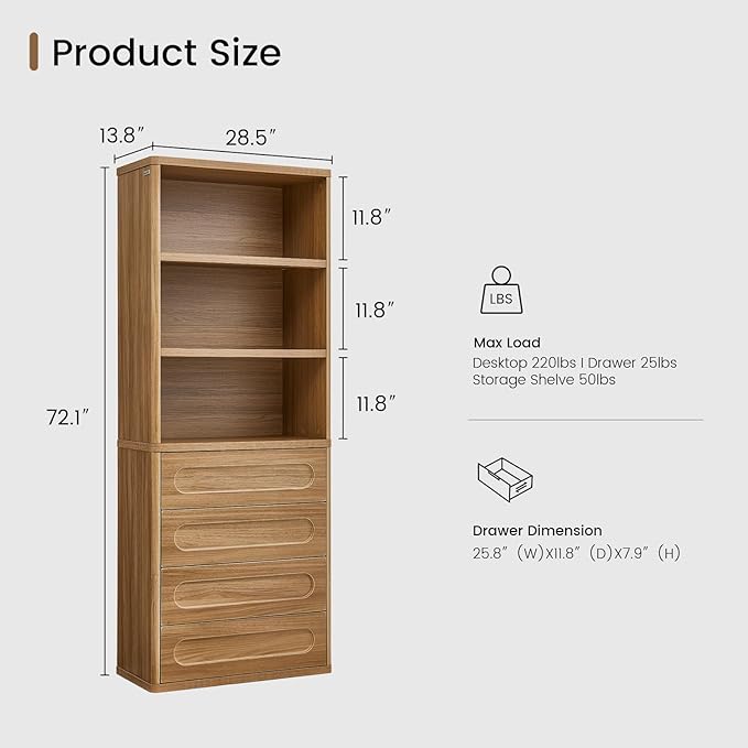 Bookcase with 4 Drawers, 72.1" Tall Bookshelf with 3 Storage Shelves, Large Bookshelves Cabinet for Living Room, Bedroom, Home Office (Oak Brown)