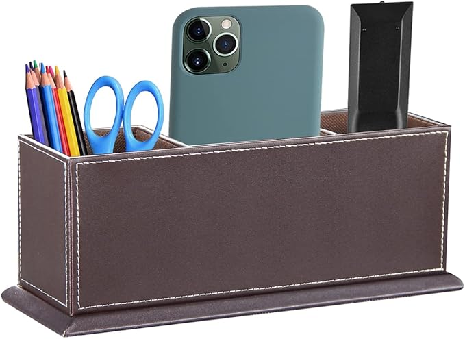 PUSU Desk Pencil Holder, PU Leather Pen Holder for Desk, Executive Desk Organizers and Accessories, Multifunctional Desk Organizer with 4 Compartments Storage Business Card/Pen/Pencil/Phone/Stationery
