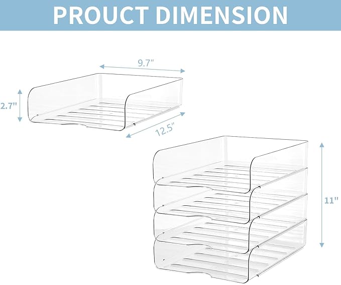 4-Tier Paper Organizer for Desk, Stackable Desk Organizer Paper Tray, Ideal for Office Supplies, A4 Storage (Clear, 4-Tier)