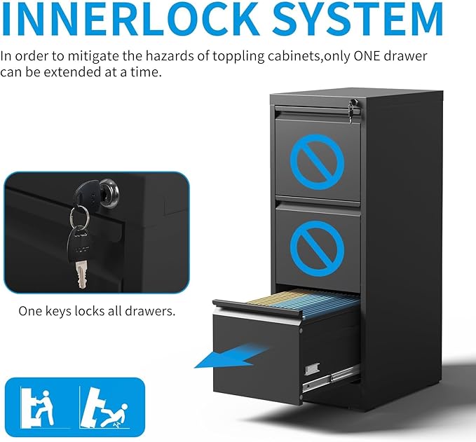 3 Drawer File Cabinet with Lock, Vertical Metal Filing Cabinet for Home Office, Locking File Cabinets for Legal/Letter Size Hanging File Folders (Black)