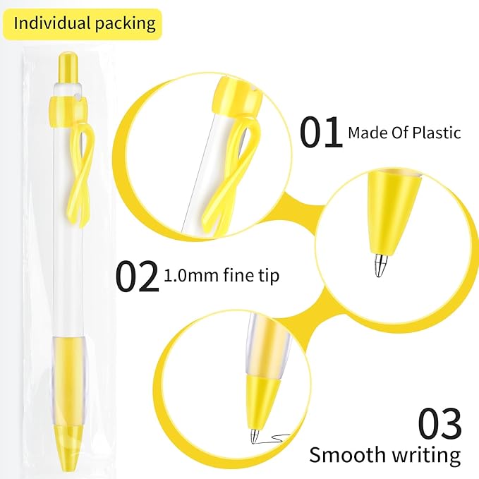 Yexiya 100 Pcs Childhood Cancer Awareness Ribbon Pen Bulk 1.0 mm Childhood Cancer Awareness Items Yellow Ribbon Retractable Pen for Mental Health Charity Volunteers Activities, Black Ink