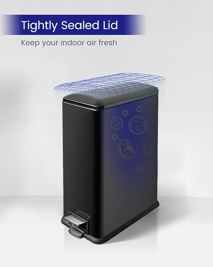 Kitchen Rubbish Bin, 45 Litre Waste Bin, Large Pedal Bin, Kitchen Rubbish Bin with Softclose Lid and Inner Bin, Slim Pedal Bin for Kitchen, Bathroom and Office, Black