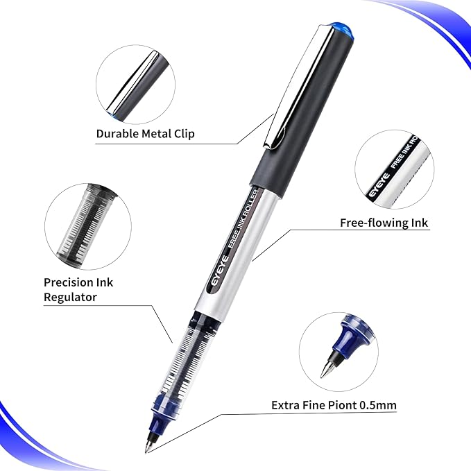 EYEYE Blue Rollerball Pens 0.5mm, 12 Pack Liquid Ink Roller Ball Pen Extra Fine Point Quick Dry, Blue Ink Pens Fine Point Smooth Writing Pen for Journaling, Note Taking, Office, School Supplies