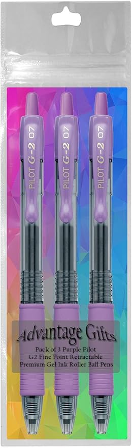 G2 Retractable Premium Gel Ink Roller Ball Pens Fine Point Fine Point (.7mm) Purple Ink 3-pk; Refillable & Premium Comfort Grip Bundle with Plastic Reusable Pouch