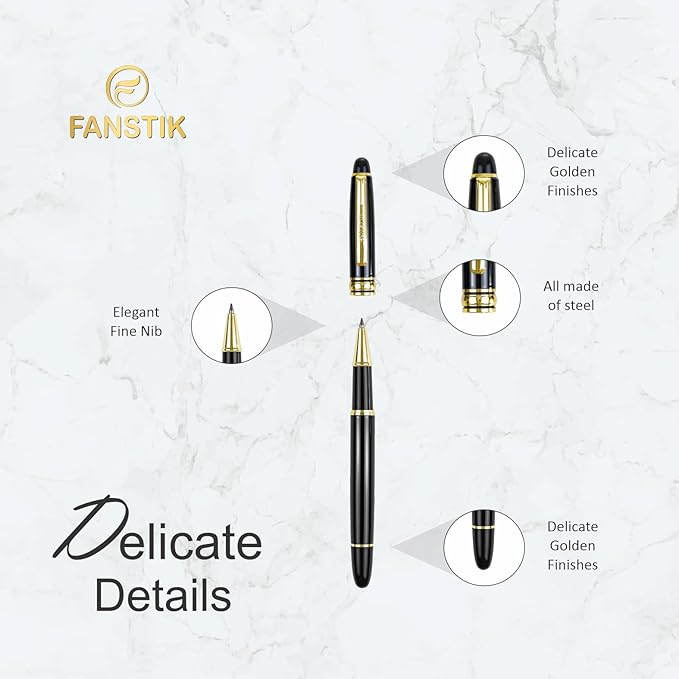 Customized RollerBall pen with name (MADE IN USA), stainless steel, black and gold, luxury engraved pen personalized for men and for women. (RollerBall Black-Gold)