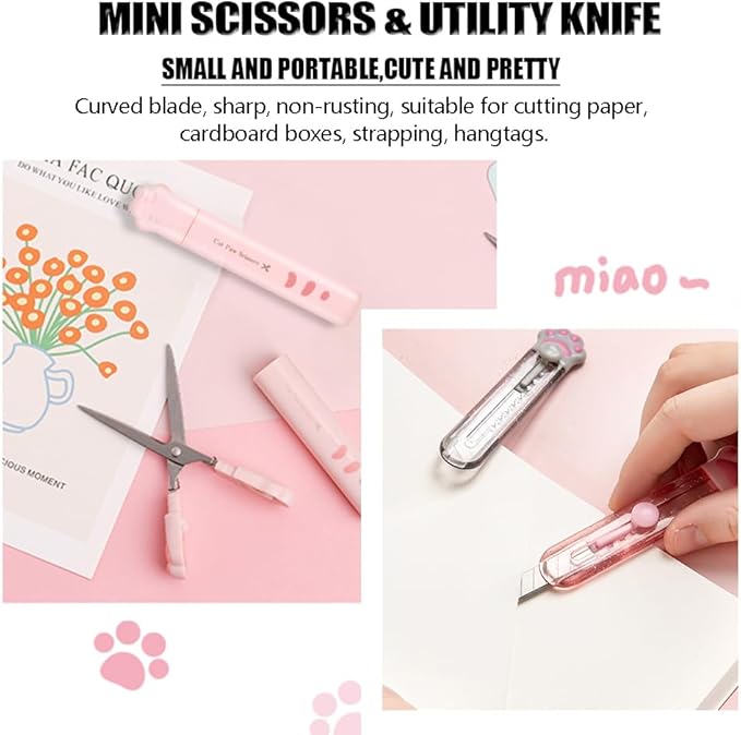 9Pcs Cute School Supplies, Cute Stationery,Includs Pencil Sharpener,Eraser, Correction Tape,Sticky Notes, Ruler, Scissors,Utility Knife, for Cute Office Supplies