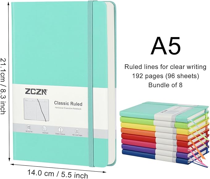 ZCZN 8 Pack Hardcover Journal Notebooks, 5.5"x8.3", Hardcover, 8 Colors, A5 Lined Journals for Notes-taking,Writing,Diary, Ruled Journaling Notebooks for Work School Travel Home