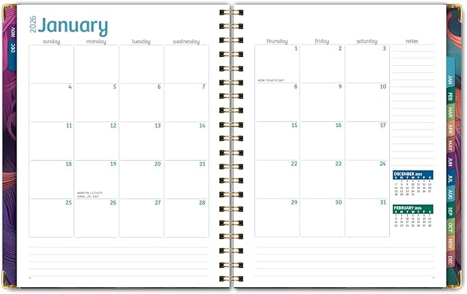 HARDCOVER 2026 Planner, 8.5"x11": 14 Months (November 2025 - December 2026), Daily Weekly Monthly Planner, Yearly Agenda, Bookmark, Pocket Folder and Sticky Note Set (Pastel Peacock)