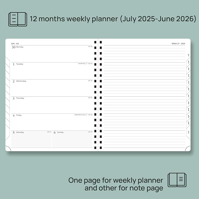 POPRUN Planner 2025-2026 Weekly Planner Notebook (Large 8.5''x 10.5'') Academic Calendar (JUL.25 - JUN.26) Appointment Book with Monthly Tabs, Spiral Soft Cover, Inner Pocket, 100 GSM - Lilac