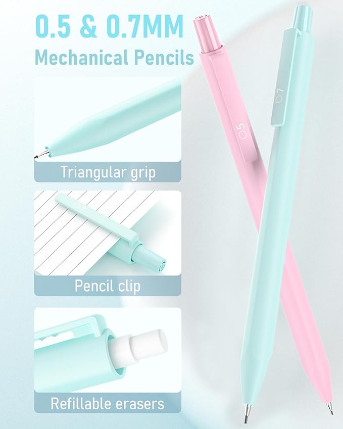 12PCS 0.5 & 0.7 mm Mechanical Pencils Set with Case, Cute Pastel Mechanical Pencil with 720PCS HB Lead Refills, 3 Erasers, Aesthetic Back to School Supplies for Student Writing Drafting