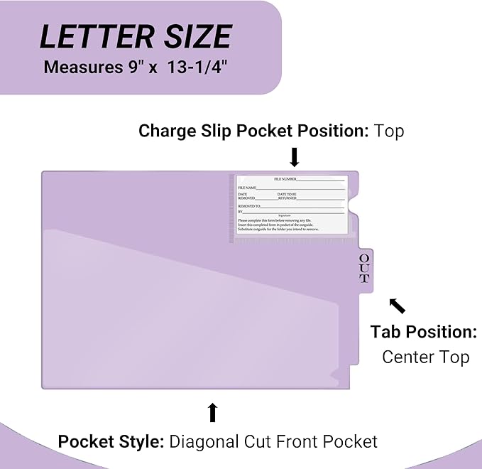 Doctor Stuff - Center Tab Vinyl Outguides, Diagonal Cut Front Pocket, Top Charge Out Slip Pocket, Plastic File Folder, Letter Size 9" x 13-1/4", Lavender, 50/Box