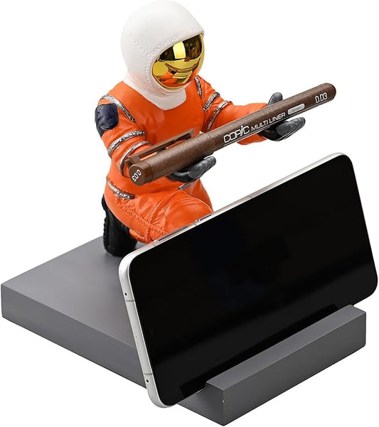 Astronaut Resin Pen Holder, Mobile Phone Stand, Device Stand, Desk Organizer Decorative Pen Holder (Orange&Golden)