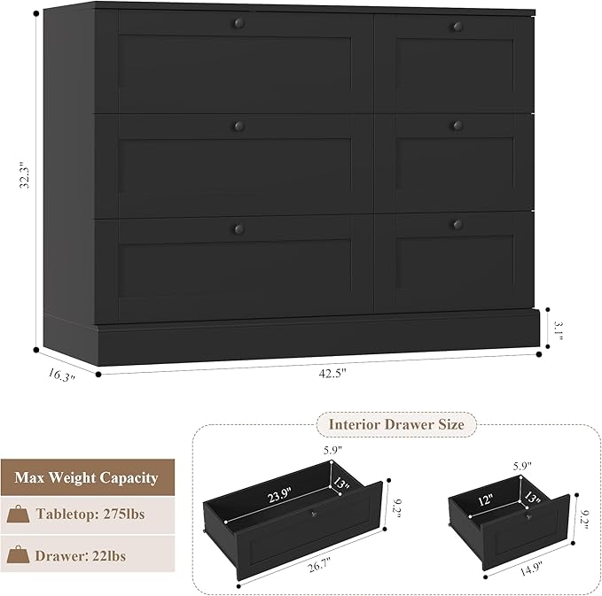 HOSTACK 6 Drawer Dresser, Dresser for Bedroom, Wood Wide Chest of Drawers, Modern Drawer Chest for Living Room, Entryway, Hallway, Black