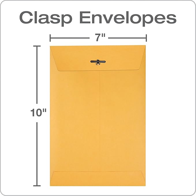 Quality Park 7 x 10 Clasp Envelopes, Clasp and Gummed Closures for Storing or Mailing, 28 lb Kraft Paper, 100 per Box (QUA37868)