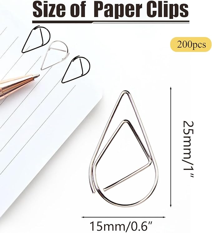 200 Pcs Teardrop Paper Clips Bulk,Stainless Steel Rust-Resistant Paperclips for Wedding Invitations, 3X Stronger Hold with Mirror Polish (Silver + Black, 1inch)
