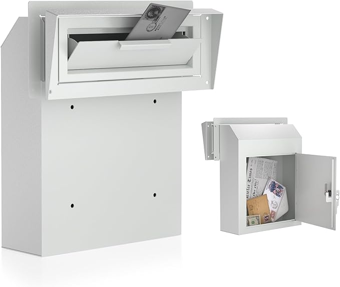 Pochar Door Drop Box for Mail, Rent, Deposit, and Night Key - Door Mount Locking Mailbox with Rear Access Through The Door (10.5'' x 2.25'' Mail Slot) (12'' x 4.25'' x 15'' (Rainproof), (Beige)