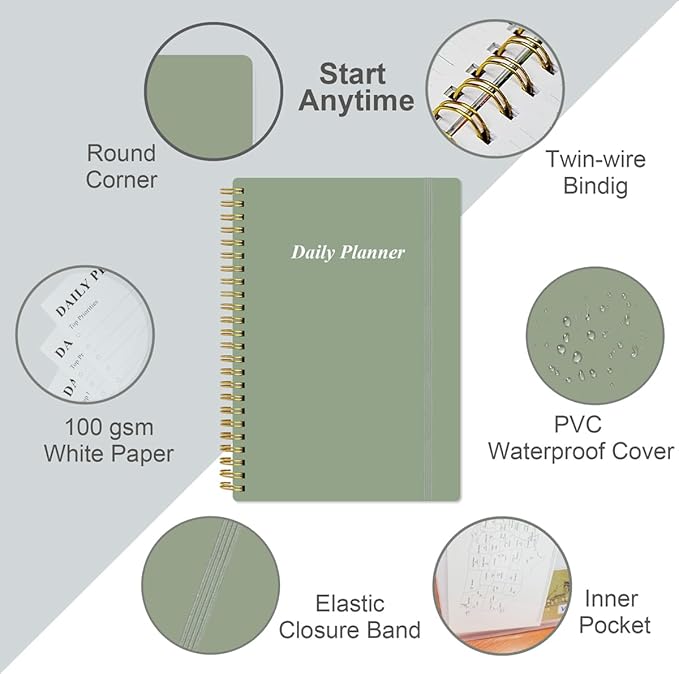 Daily Planner Undated - A5 To Do List Notebook Hourly Schedules, Spiral Appointment Planner for Women and Men, PVC Hardcover, Inner Pocket, Elastic Closure, 5.8" x 8.3", Green