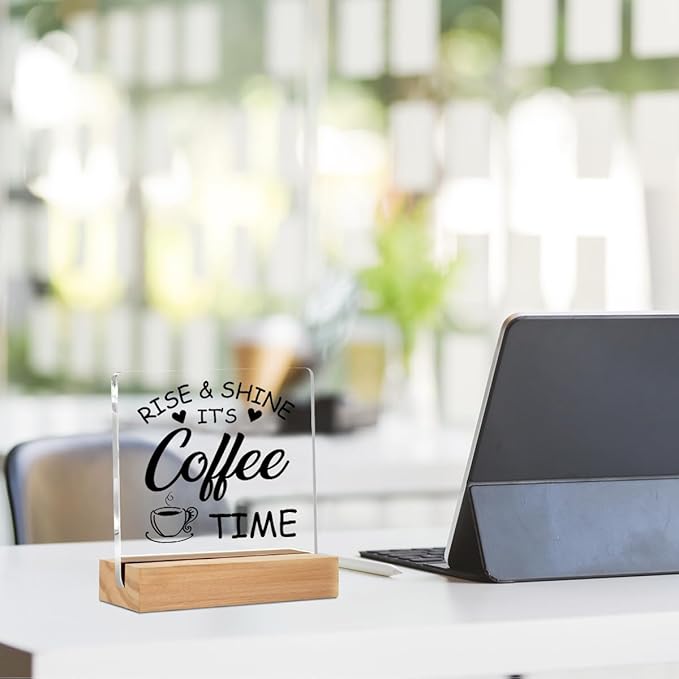 Coffee Bar Decor Acrylic Sign with Wood Stand, Coffee Lover Gifts Coffee Decor Coffee Shop Bedroom Living Room Desk Cubicle Coffee Table Shelf Decor, Coffee Gifts for Coffee Lovers Coffee Sign