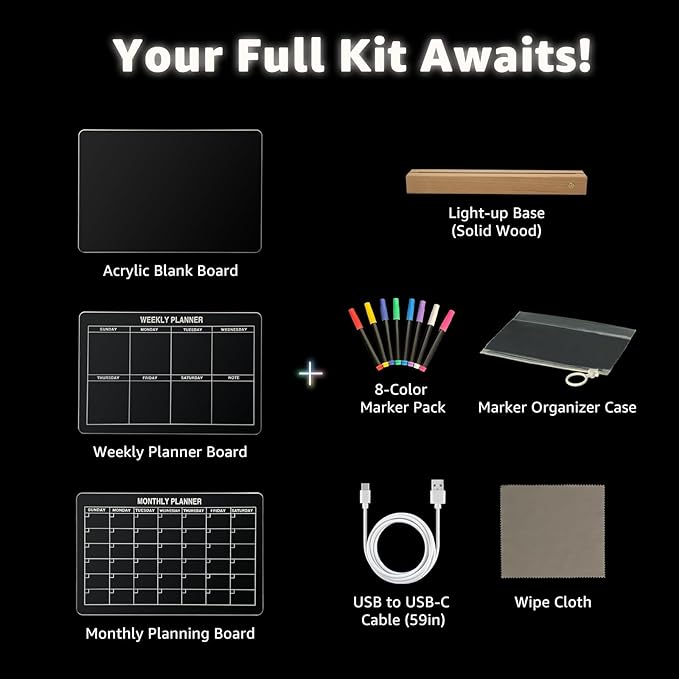LED Note Board with 8 Colors，Acrylic Dry Erase Board with Light, Clear Monthly/Weekly Calendar, Led Drawing Board for Kids with Stand, 8 Markers, Adapter, Soft Cloth, Holiday Trend Gift (Beech Wood)