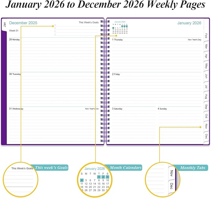 2026 Planner - Planner 2026 from January 2026 to December 2026 with 12 Monthly Tabs, Flexible Cover, Inner Pocket, 8.5" x 11", Purple-B