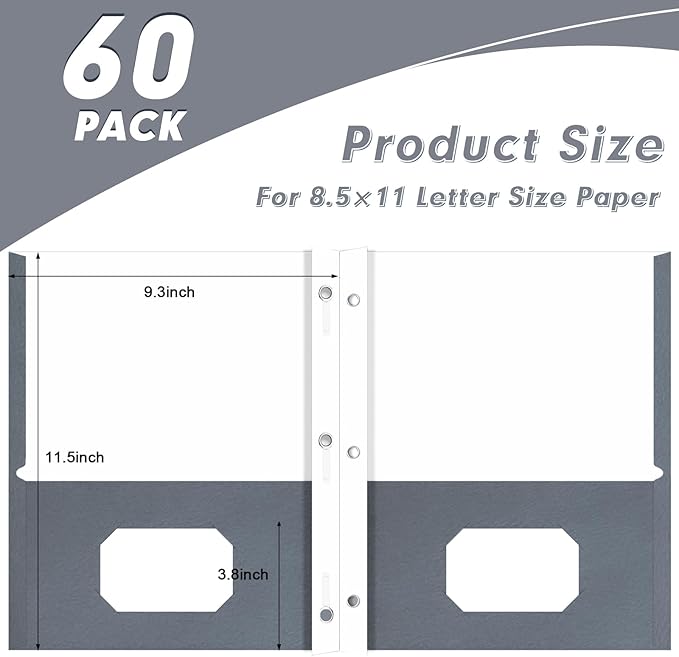 Two Pocket Folders, PANDRI 60 Pack Two Pocket Folders with Prongs, 3 Prong Folders Designed for Office and Classroom, Letter Size Grey