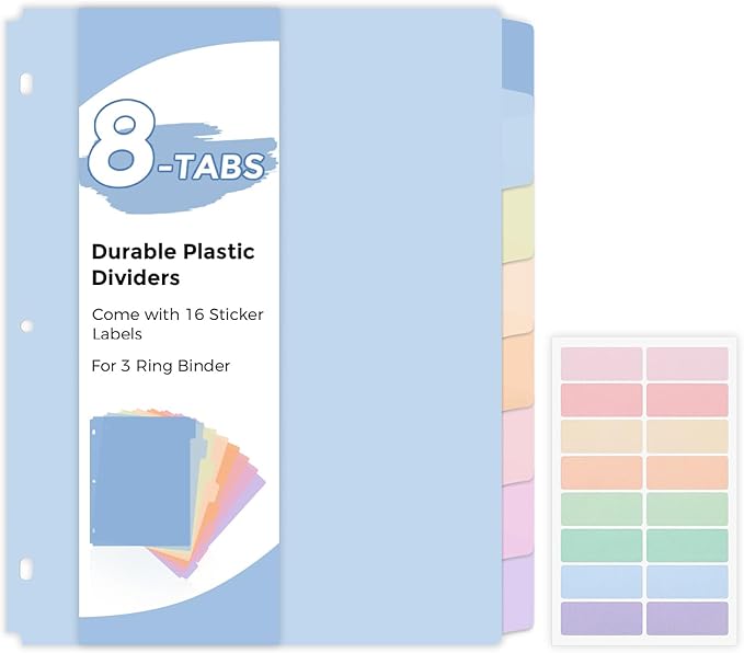 SKYDUE Durable Plastic 8-Tab Dividers, Big Tab Dividers for 3 Ring Binder, Write & Erase 3 Ring Binder Dividers with Tabs, with Sticker Labels, 1 Set, Pastel Color