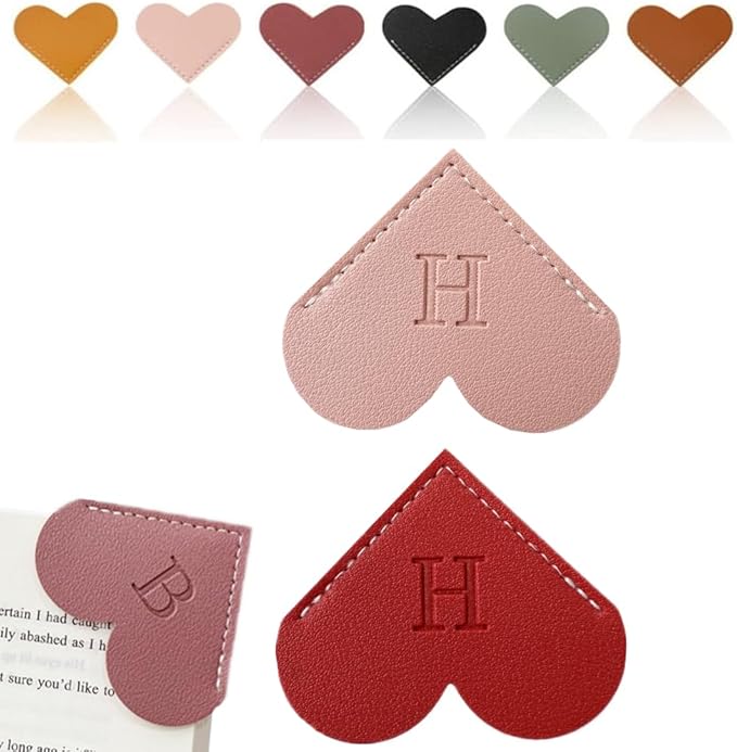 Personalized Leather Heart Bookmark, 26 Letters Customized Corner Book Mark for Reading Women, Book Marker with Initials，Cute Gifts (Red+Light Pink, H)