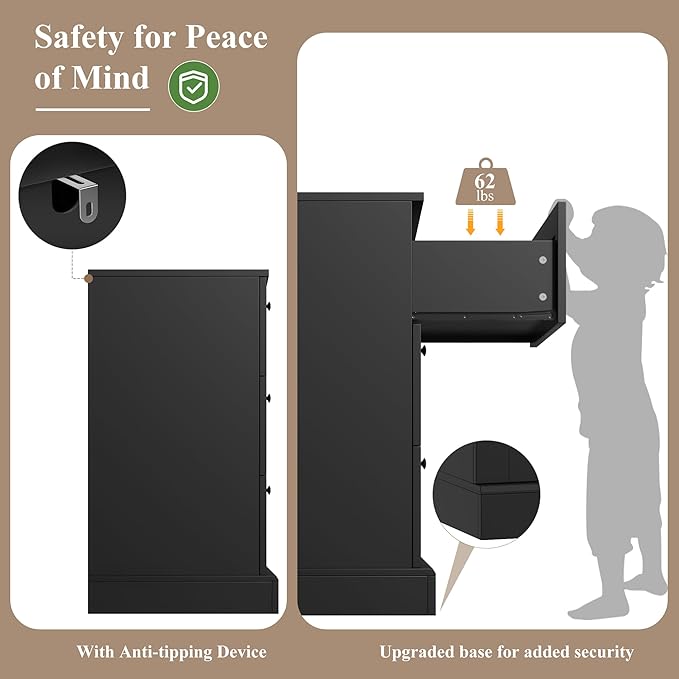 HOSTACK 6 Drawer Dresser, Dresser for Bedroom, Wood Wide Chest of Drawers, Modern Drawer Chest for Living Room, Entryway, Hallway, Black