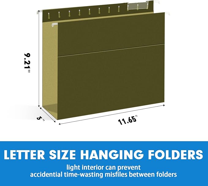 Extra Capacity Hanging File Folders, RAZCC 60 Pack Letter Size Reinforced Hanging Folders with Heavy Duty 3 Inch Expansion for Bulky Files, Filing Cabinet, Adjustable Tabs, Green