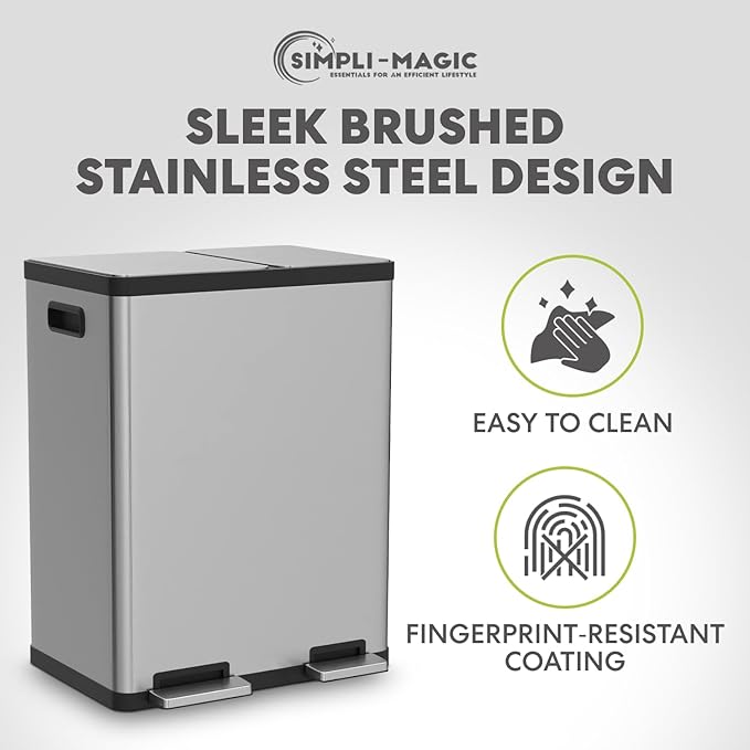 Simpli-Magic 18.5 Gallon (40L x 30L) Dual Compartment Step Trash Can – Kitchen Garbage Can with Waste & Recycling Bins – Slow-Close Lid, Odor Control, Hands-Free, Stainless Steel